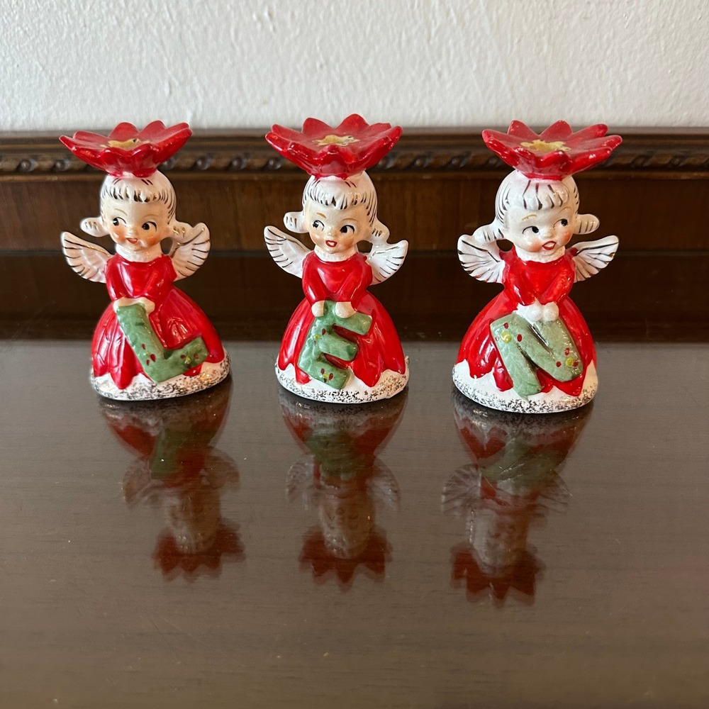 Vintage Napcoware Napco 1628 Poinsettia NOEL Angels Candle Holders *Missing O* - Picture 2 of 6